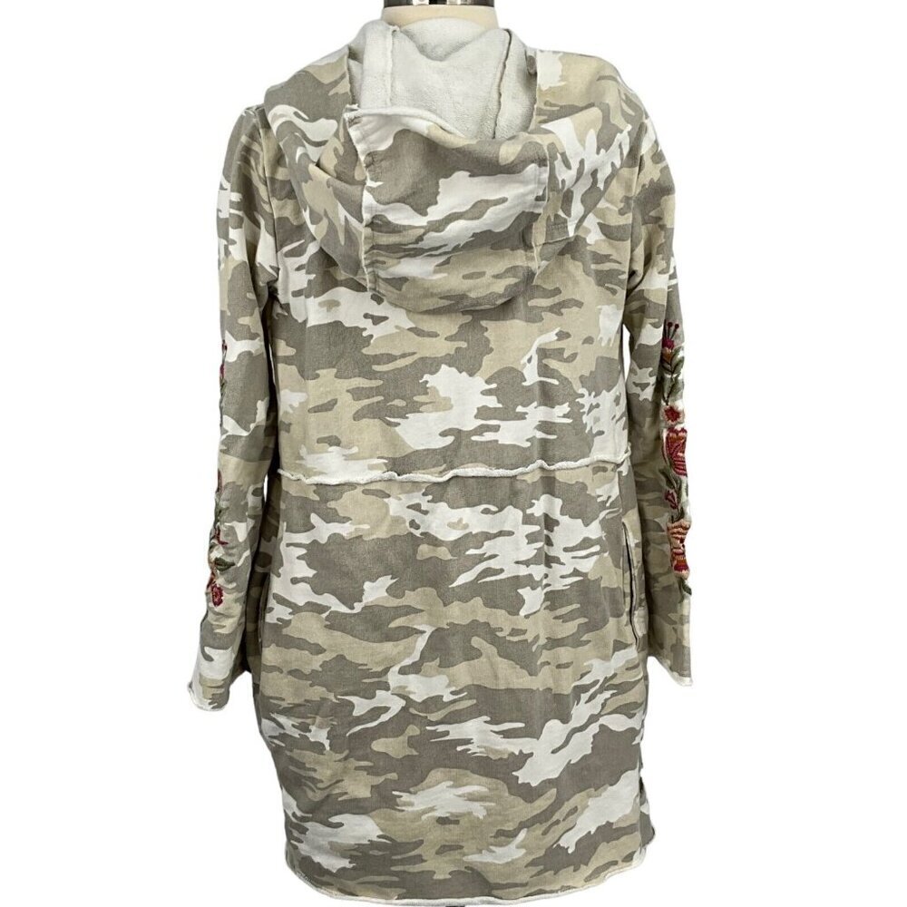 Athleta Caite Size XS Hooded Duster Beige Gray Camo Floral Embroidery Open Front - Picture 5 of 11